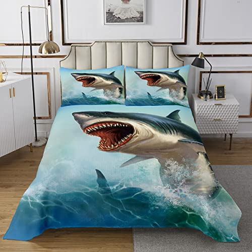 Hai-Tagesdecke 260 x 240 cm,Meeresbewohner-Tierdecken-Set für Kinder und Erwachsene, Blue Waves Painting Quilt Set mit 2 Kissenbezügen,weicher Polyester-Stepp von feelingyou