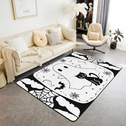 Happy Halloween Kids Area Teppich,Schwarze Katze Fledermaus Tier Geist Indoor Fußbodenmatte Eingangsteppich für,Spider Web Cartoon Netter Rutschfester Teppich,Schwarz und Weiß Couch,100x150cm von feelingyou