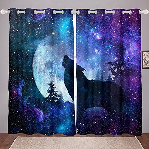 feelingyou Heulender Wolf Fenstervorhang 137x117cm Bright Moon Mysterious Universe Vorhänge für Kinder Jungen Mädchen Gedrucktes Sternenhimmel Tier Gardine 2er-Set Fenster Vorhänge von feelingyou