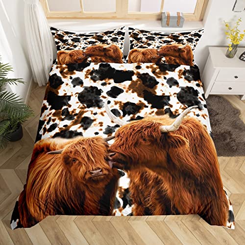 feelyou Highland Cattle Bettwäsche-Sets 200 x 200 cm, Bettbezug mit 2 Kissenbezügen, Farmhouse Western Wild Animal und Dairy Cow Fur Print, Cheesecake Tasty Food Polyester-Bettdecke für Kindergeschenk von feelingyou