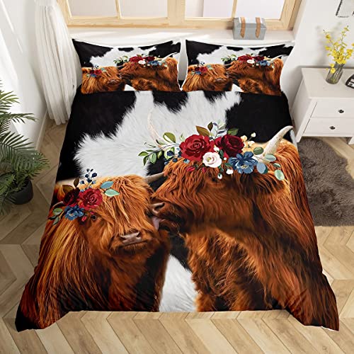 Highland Cow Bettbezug Set, Rustikales Schwarzweißes Milchkuhfell und schicker Hautdruck Trösterbezug Zimmerdekoration für Kinder Jungen, Bauernhaustierbettwäsche-Sets mit 1 Kissenbezug, 135x200cm von feelingyou