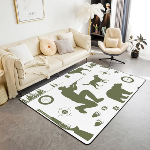 Jagd Abenteuer Teppich 150x200cm, Bear Deer Mallard Wilde Tiere Dekorative Area Teppich für Bett Wohnzimmer Dekor, grüne Hand Skizze natürliche rutschfeste waschbare Dekor für Indoor Outdoor Jagd Abenteuer Teppich 150x200cm, Bear Deer Mallard Wilde Tiere Dekorative Area Teppich für Bett Wohnzimmer Dekor, grüne Hand Skizze natürliche rutschfeste waschbare Dekor für Indoor Outdoor von feelingyou