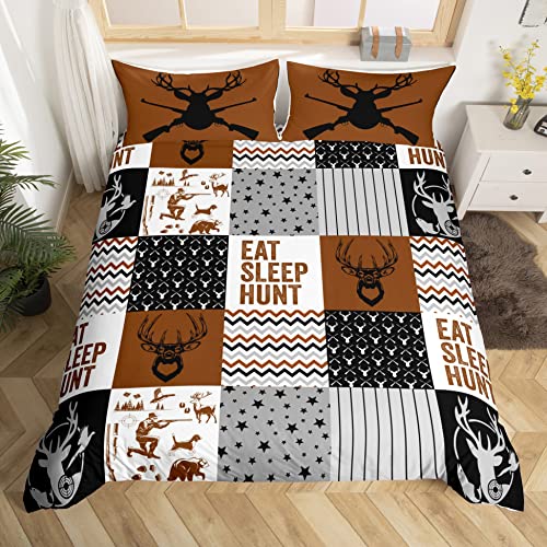 Jagd Hirsch Bettwäsche Set Single, Eat Sleep Hunt Thema Brown Bettbezug mit 1 Kissen Sham Tröster Bezug für Kinder Jungen, Sterne Streifen Geometrische Plaid Quilt Cover Set Dekorative 2-teilige von feelingyou