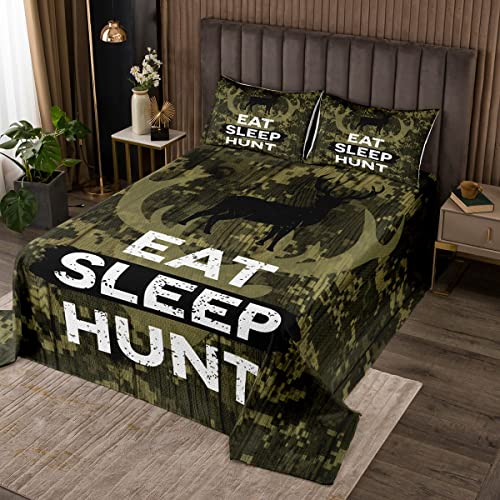Jagd grüne Tarnung Tagesdecke Mädchen Teens, Essen Schlaf Jagd Druck Coverlet Set 3pcs mit 2 Kissenbezügen, Retro Hirsch Silhouette Geweih Mittlere Größe Polyester gesteppt für Schlafzimmer Geschenk von feelingyou