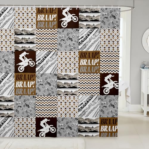 Jungen Dirt Bike Dusche Vorhang Abenteuer Extreme Sports Stil Badezimmer Vorhänge für Kinder Grau Braun Geometrische Plaid wasserdichte Badevorhang mit 12 Haken L Größe von feelingyou