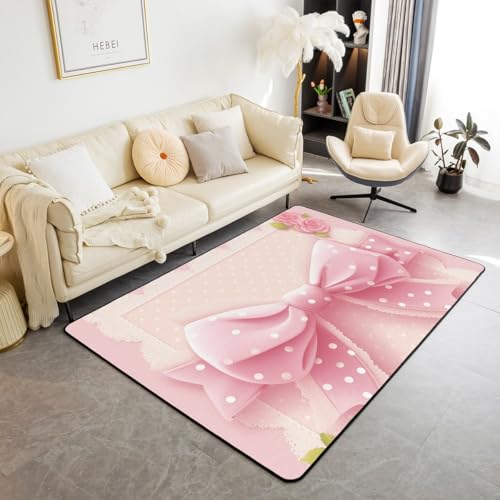 Kawaii Bow Tie Kids Area Teppich, Polka Dot Spitze Rose Blume Indoor Fußbodenmatte Eingangsteppich für, Träumige Mädchen Prinzessin Rutschschutz Teppich, Beige Rosa Couch Wohnzimmer Dekor, 150x200cm von feelingyou