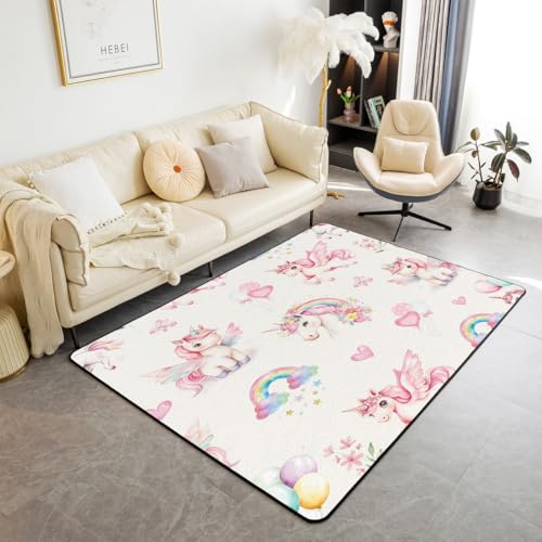 Kawaii Einhorn Waschbar Bereich Teppich Bunte Regenbogen Ballon Bereich Teppiche für, rosa Blume Liebe Floral Indoor Boden Teppich für Kinder Cartoon Girly rutschfeste weiche Teppiche, 150x200cm von feelingyou