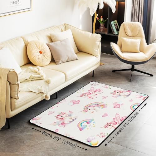 Kawaii Einhorn waschbar Bereich Teppiche Bunte Regenbogen Ballon Bereich Teppich für, rosa Blume Liebe Floral Indoor Boden Teppich für Kinder Cartoon Girly rutschfeste weiche Teppiche, 100x150cm von feelingyou