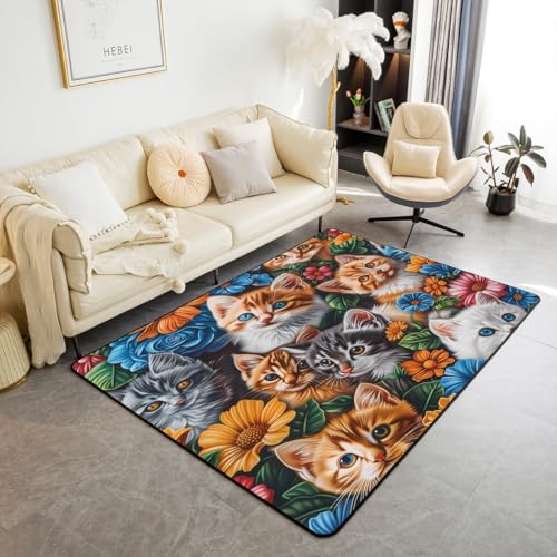 Kawaii Katze Kids Bereich Teppich, Tier Blume Pflanze Blätter Indoor Fußbodenmatte Eingangsteppich für, Schöne Mode Trendy Rutschschutz Teppich, Bunte gelbe Couch Wohnzimmer Dekor, 150x200cm Kawaii Katze Kids Bereich Teppich, Tier Blume Pflanze Blätter Indoor Fußbodenmatte Eingangsteppich für, Schöne Mode Trendy Rutschschutz Teppich, Bunte gelbe Couch Wohnzimmer Dekor, 150x200cm von feelingyou