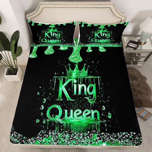 King und Queen Fitted Blatt m Größe, Crown Print Funkelnde Glitter Matratze Abdeckung, grüne Schwarze Polyester Bettdeckung (kein Top Blatt), 1 Fitted + 1 Kissenbezug von feelingyou