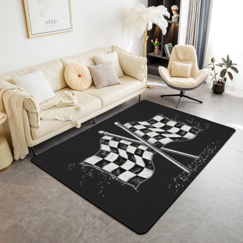 Kontrollieren Sie Flagge Bereich Teppich 150x200cm Formel Rennen Extreme Sports Stil Rutschfester Teppich für Kinder schwarz grau Schachbrett Plaid Indoor Bodenmatte für das Bett Wohnzimmer von feelingyou