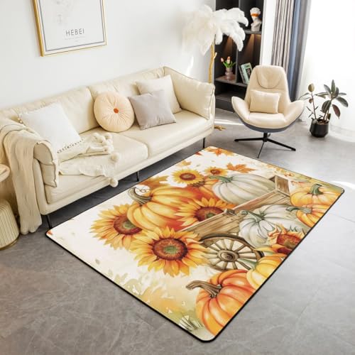 Kürbis Sonnenblumen Bereich Teppich 150x200cm Aquarell Herbst Pflanzen Floral Indoor Fußbodenmatte für Kinder Herbst Land Rustik Stil Rutschfester Teppich für Hauswärme Sofa von feelingyou