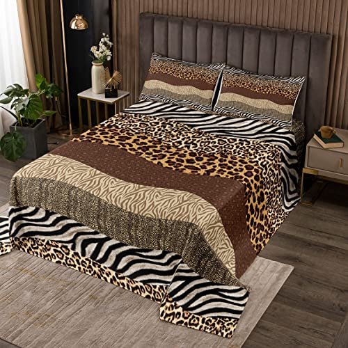 Leopard Print Tagesdecke L Größe für erwachsene Frauen, wilde Tiere Tiger Zebra Haut Pelz Muster Quilt Set mit 2 Kissenbezügen, Wellenstreifen Geometrische Dekor Bettwäsche gesteppt, atmungsaktiv von feelingyou