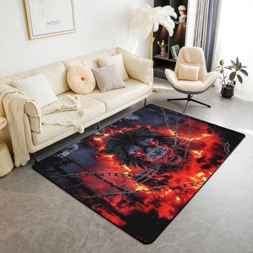 Lion Print Teppich 150x200cm, rustikale Wildtierkette Natur Bäume Dekorative Area Teppich für Bett Wohnzimmer Dekor, Feuer rote Flamme Muster schwarz rutschfeste waschbare Dekor von feelingyou