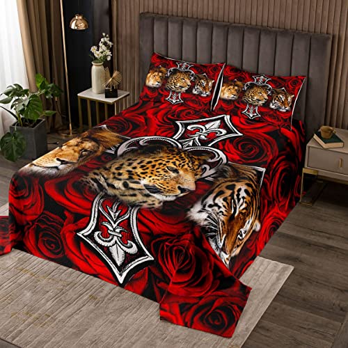 Löwe Leopard Tiger Steppdecke, afrikanische Tropische Wildtier Tagesdecke 240x260cm Kinder Erwachsene, Rote Rose Blumen Bettdecke Sets 3 Stück mit 2 Kissen Shames, Weicher Stoff von feelingyou