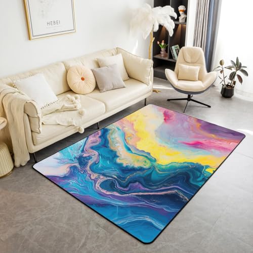 Marmorierung Druckbereich Teppich 100x150cm,Aquarell Regenbogen Ripple Druck Rutschfester Teppich für Kinder,Abstrakte Krawatte Farbstoff Ölmalerei Dekorativ für Schlafzimmer Spielzimmer Hinterhof von feelingyou