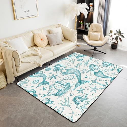 Meerjungfrau Waschbar Bereich Teppiche Schiff Anker Seetiere Bereich Teppich für, Abenteuer Discovery Thema Indoor Boden Teppich für Kinder Vintage Abstrakte rutschfeste weiche Teppiche, 100x150cm von feelingyou