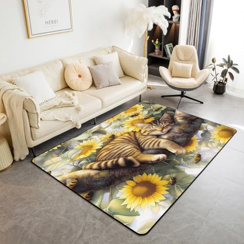 Niedliche schlafende Katze Bereich Teppich Cartoon Sonnenblumen natürliche Pflanzen Rutschschutz Teppich für Kinder Wilde Biene Kitty Tier Dekor Indoor Bodenmatte für Wohnzimmer 150x200cm von feelingyou