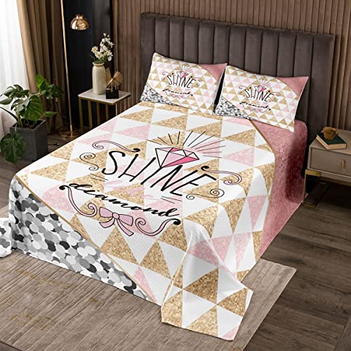 Pink Shine Diamond Tagesdecke Mädchen Teens,Golden White Triangel Tagesdecke Set 3-teilig Dekorativ mit 2 Kissenbezügen,Silber glänzende Pailletten Mikrofaser Bettwäsche gesteppt für Mädchen Teens von feelingyou