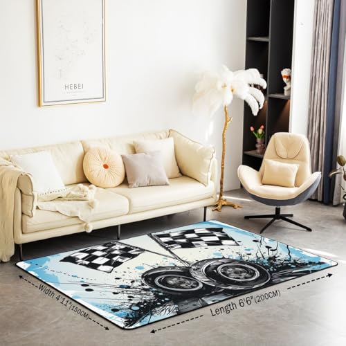 Rennflagge Bereich Teppich 100x150cm Aquarell Grau Schwarz Auto Reifen Indoor Fußbodenmatte für Kinder Geometrische Schachbrett Plaid Graffiti Rutschfester Teppich für Stühle Schlafzimmer von feelingyou