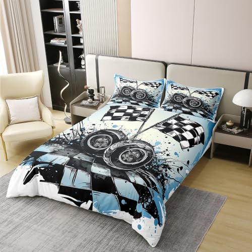 Rennflagge XL Größe 3 Stück Aquarell Grau Schwarz Autoreifen 100% Baumwolle Bettdecke Abdeckung für Kinder Geometrische Schachbrett Plaid Graffiti Decke Abdeckung, 2 Kissenbezüge (keine Decke) von feelingyou