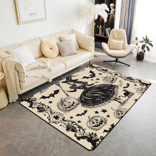 Retro Halloween Teppich 150x200cm, schwarzer Zauberer Hut Sterne Fledermaus Druck Kinder Rutschfeste Dekorative Indoor Matte, Kürbis Laterne Floral Plaid für Wohnzimmer Spielzimmer Bettseite von feelingyou
