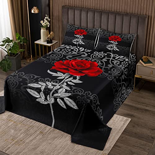 Rote Blumen Steppdecke,Romantische Blumenpflanze Tagesdecke 240x260cm Kinder Erwachsene, Graue Exotische Spitzendruck Tagesdecke Sets 3 Stück mit 2 Kissen Shames von feelingyou