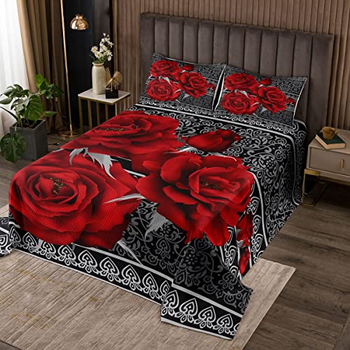 Rote Rose Blumen 3 Stück 240x260cm Bettdecke, Blumen- und Botanik-Themen-Quilt-Set für Kinder Erwachsene Geschenk,Graue exotische Spitze Dekorative gesteppte Tagesdecke mit 2 Kissenhüllen, Weich von feelingyou