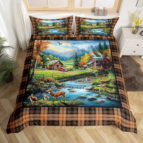 Rustikale Bauernhaus Bettbezug Set S Größe, Wild Deer Tier Farm Scheune Brown Grid Plaid Tröster Cover Set für Kinder Mädchen, natürliche See Bäume Jagd Kabine Dekor Zimmer Bettwäsche Set, 2 Pcs von feelingyou