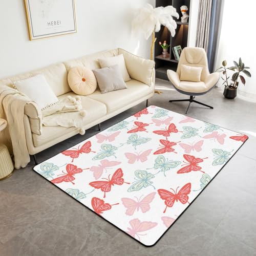 Schmetterling Kids Area Teppich,Schöne Tiergarten Flügel Indoor Fußbodenmatte Eingangsteppich für,Träumige Fantasy Mode Rutschschutz Teppich,Weiß Rot Grün Couch Wohnzimmer Dekor,150x200cm von feelingyou