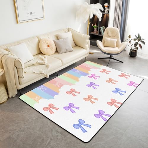 Schöne Bowknot Bereich Teppich 100x150cm, Aquarell Bow Tie Regenbogen Streifen Rutschschutz Teppich für Erwachsene, Cartoon Prinzessin Stil Dekorative Scheidung für Schlafzimmer Spielzimmer Hinterhof von feelingyou