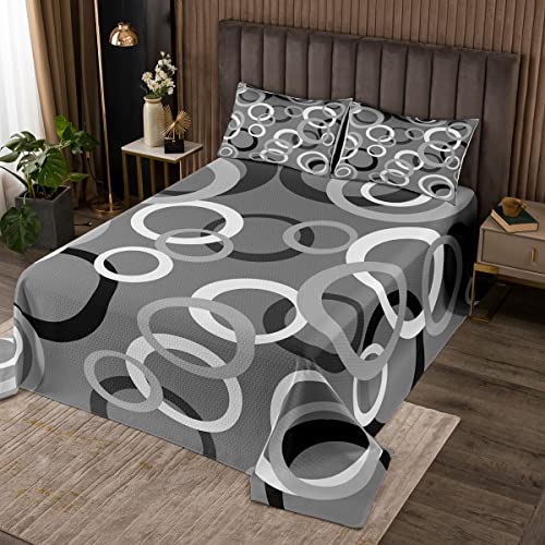 Schwarz Weiß Swirls Tagesdecke Mädchen Teens,Retro Circle Stripes Tagesdecke 3-teilig Dekorativ mit 2 Kissenbezügen,Moderne Abstrakte Kunst Graue Mikrofaser Bettwäsche gesteppt für Mädchen Teens von feelingyou