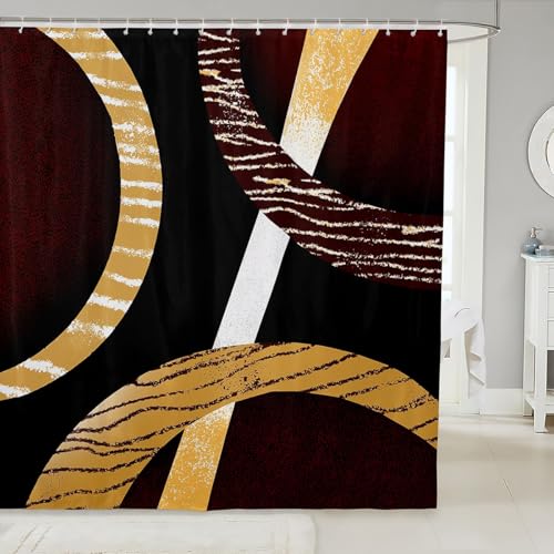 Schwarze braune Kreise Duschvorhang Geometrische Retro Streifen Spirale Badezimmer Vorhänge für Erwachsene Moderne Linien Plaid Einfacher Stil Badevorhang für Badewanne mit 12 Haken M Größe von feelingyou