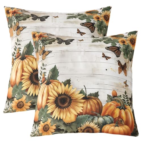 Sonnenblumen Kürbis werfen Kissen Abdeckungen Aquarell Retro Blumenpflanzen Kissenbehälter für Kinder Vintage Streifen Land rustikalen Stil Kissen Abdeckungen für Schlafsofa 55x55cm Set von 2 von feelingyou