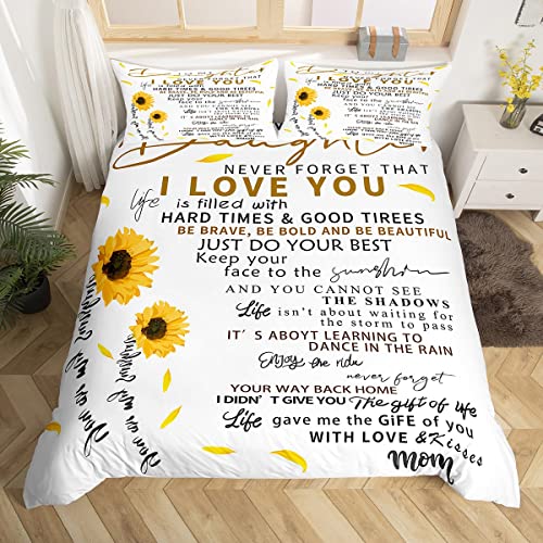 Sonnenblumen-Liebesbrief an Meine Tochter Bettbezug 135 x 200 cm,Aquarell,gelbes Blumenthema und Abstrakter Wortdruck, Bettbezug-Set,modernes weißes Bettwäsche-Set für Kinder und Jungen von feelingyou