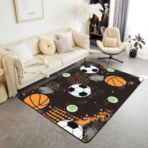 Sportbälle Waschbar Bereich Teppich Sport Themenbereich Teppiche für, Krawatte-gefärbt Fußball Basketball Indoor Boden Teppich für Kinder Cool Sports rutschfeste weiche Teppiche, 150x200cm von feelingyou
