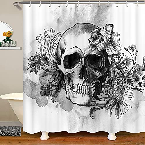 feelingyou Totenkopf Duschvorhänge Menschlicher Totenkopf Blumendruck wasserdichte Badezimmervorhänge mit 12 Haken für Badewanne Gothic Totenkopf Badevorhänge für Kinder Teens, 72" B x 78" L von feelingyou