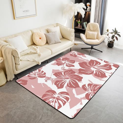 Tropische Pflanzen Bereich Teppich Retro Pink Blühende Blumen Rutschfester Teppich für Kinder Palmblätter Einfache Graffiti Dekor Indoor Bodenmatte für Bürostühle 100x150cm von feelingyou