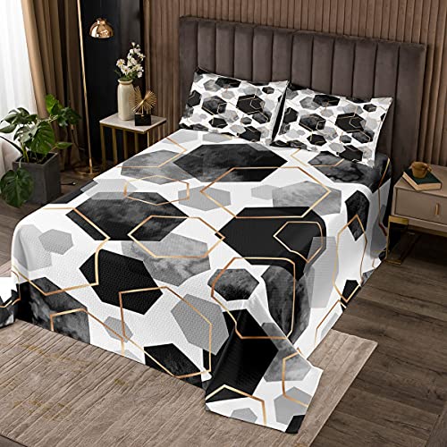 Waben-Tagesdecke 240x260cm Schwarz Grau Gold Sechseck Bettdecke Set 3 Stück für Jungen Teens Zimmer Dekor Geometrische Musterdruck Gesteppte Bettdecke Aquarell Bettwäsche Quilt mit 2 Kissenbezügen von feelingyou