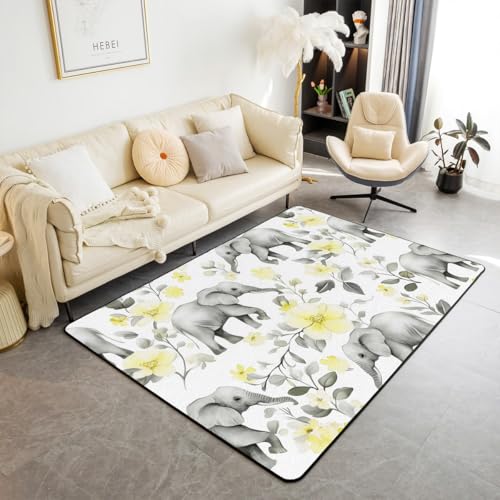 Wilde Elefanten Bereich Teppich 150x200cm Aquarell Gelb Botanische Blumen Rutschfester Teppich für Kinder niedliche natürliche afrikanische Tiere Indoor Bodenmatte für Party Office RV Wilde Elefanten Bereich Teppich 150x200cm Aquarell Gelb Botanische Blumen Rutschfester Teppich für Kinder niedliche natürliche afrikanische Tiere Indoor Bodenmatte für Party Office RV von feelingyou