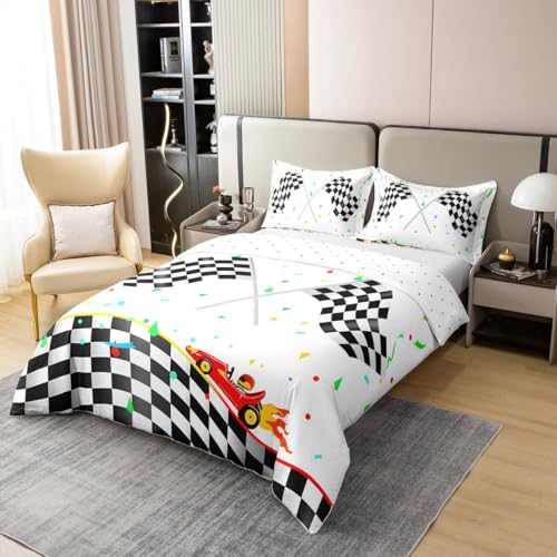 feelingyou 100% Baumwolle Rennflagge Bettdecke XL Größe 3 Stück niedliche Cartoon Rennwagen für Kinder schwarz weiß geometrische Plaid Bunte Decke Abdeckung, 2 Kissenbezüge (Keine Decke) von feelingyou