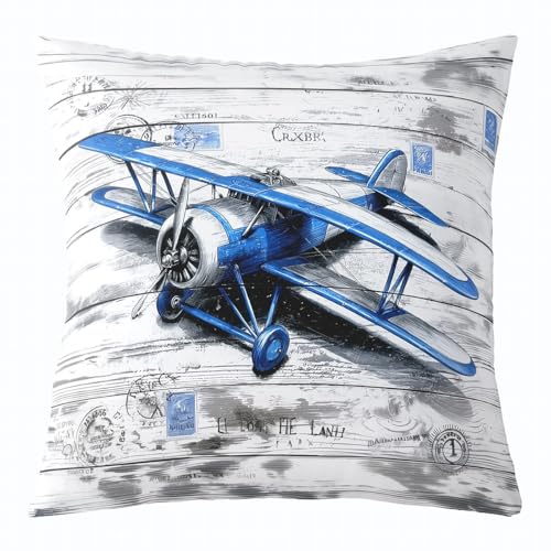 feelingyou 70er 80er Flugzeug werfen Kissen Abdeckung 55x55cm Retro Blau Grau Flugzeug Kissenhülle für Kinder Retro Grau Holz Streifen Kissen Abdeckung für Auto Wohnzimmer von feelingyou