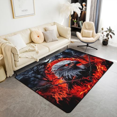 feelingyou Adler Druck Teppich 150x200cm, Wilde Tierkette Natur Bäume Kinder rutschfeste Dekorative Indoor Matte, Feuer Rote Flamme Muster Schwarz für Wohnzimmer Spielzimmer Bettseite von feelingyou