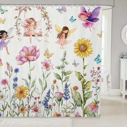 feelingyou Aquarell Blumen Duschvorhang Cartoon Wonderland Fairy Girl Badezimmer Vorhänge für Kinder Traumgarten Daisy Sonnenblumen Schmetterling wasserdicht Badevorhang mit 12 Haken M Größe von feelingyou