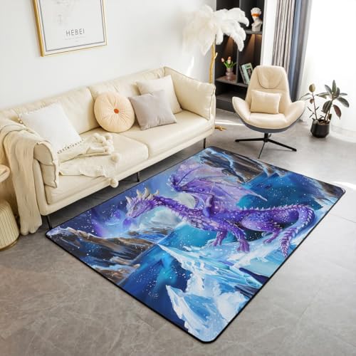 feelingyou Aquarell Dragon Teppich 150x200cm,Lila Western Wildlife Tier Rutschschutz Dekorative Indoor,Blauer Gletscher EIS Natur Shedding Teppich für Wohnzimmer Spielzimmer Bettseite für Erwachsene von feelingyou