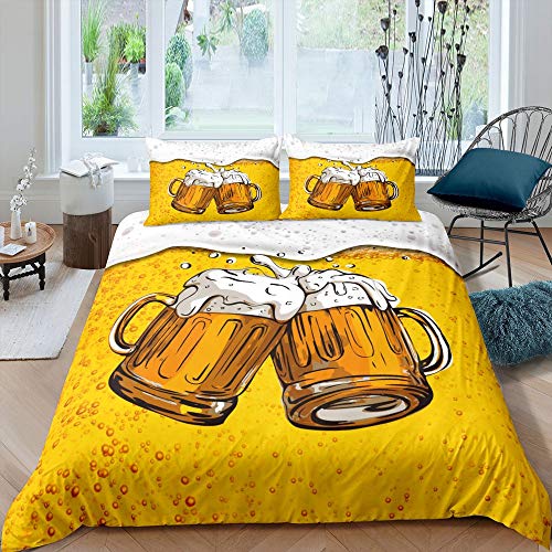 feelingyou Bier Bettwäsche-Set Zwei Bierkrüge weißer Schaum Bettwäsche Set 135x200cm Goldene Getränke Betten Set für Kinder Jungen Mädchen Teenager 2St.Reißverschluss Mikrofaser von feelingyou