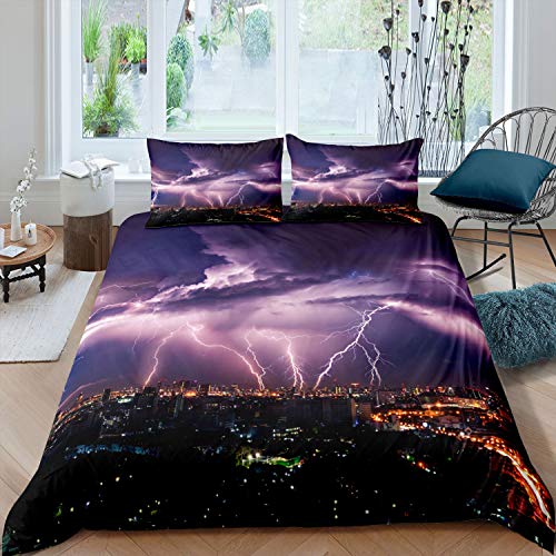 feelingyou Blitz Bettwäsche-Set Lila Himmel Silber Blitz Bettwäsche Set 155x220cm Wohlhabende Stadt Betten Set für Kinder Jungen Mädchen Teenager 2St.Reißverschluss Mikrofaser von feelingyou