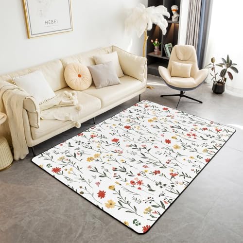 feelingyou Blume Kids Bereich Teppich,Blätter Pflanze Garten Botanische Indoor Fußbodenmatte Eingangsteppich für,Floral Trendy Mode Rutschschutz Teppich,Weiße grüne Couch Wohnzimmer Dekor,150x200cm von feelingyou