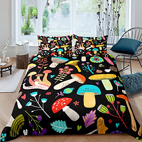 feelingyou Bunte Pilz Bettwäsche Set 200x200cm,Cartoon Blumenpflanze Bettbezug Set für Kinder Weihnachten Schlafzimmer Geschenk,Rote Blumen Naturstil Mikrofaser Bettbezug mit 2 Kissenbezügen von feelingyou