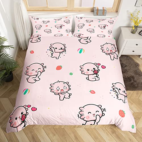 feelingyou Cartoon Axolotl Tröster Covet 155×220 cm,Süß Rosa Babyfish Bettbezug mit 1 Kissenbezügen,2-teilig,Frucht- und Herzdruck Polyester Bettwäsche-Set für Jungen Teens Schlafzimmer Dekor von feelingyou